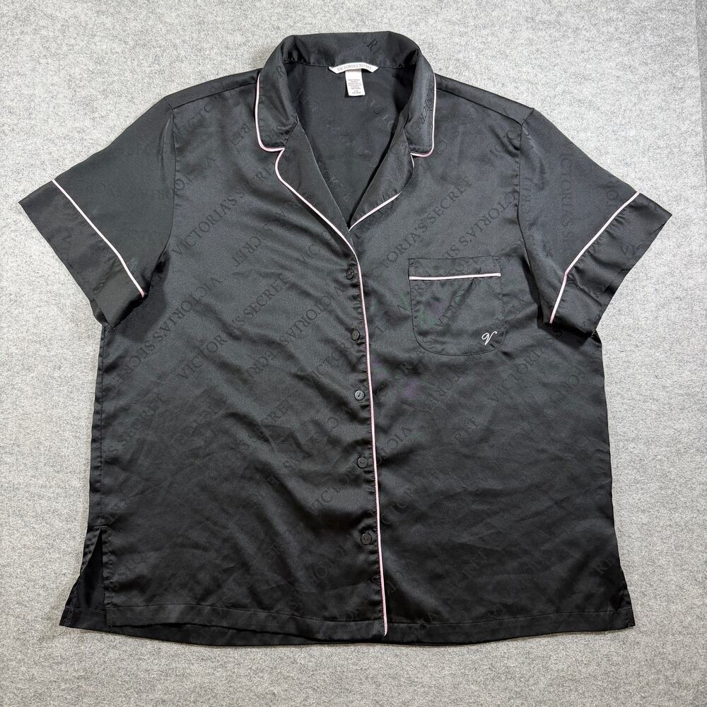 Victorias Secret Satin Pajama Top Womens L Black Logo Button Up Sleep Shirt Soft